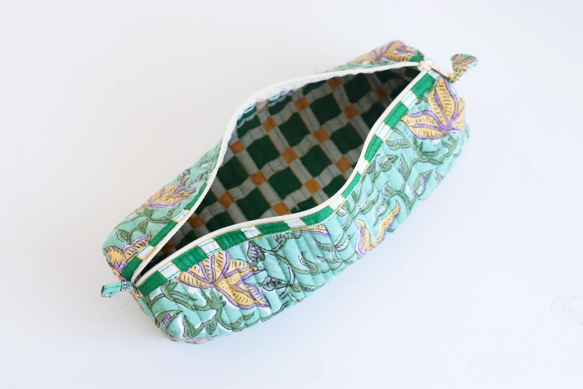Cotton Block Print Pouch Organizer - SM - Green Floral