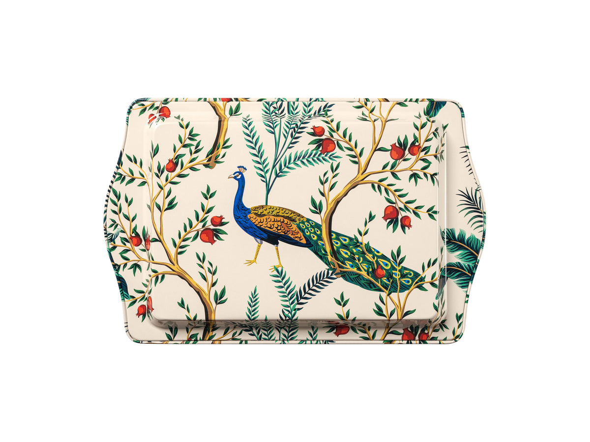 Introducing the Metal Tray - Peacock by Esthetic Living—a decorative tin tray adorned with a peacock and lush foliage design.
