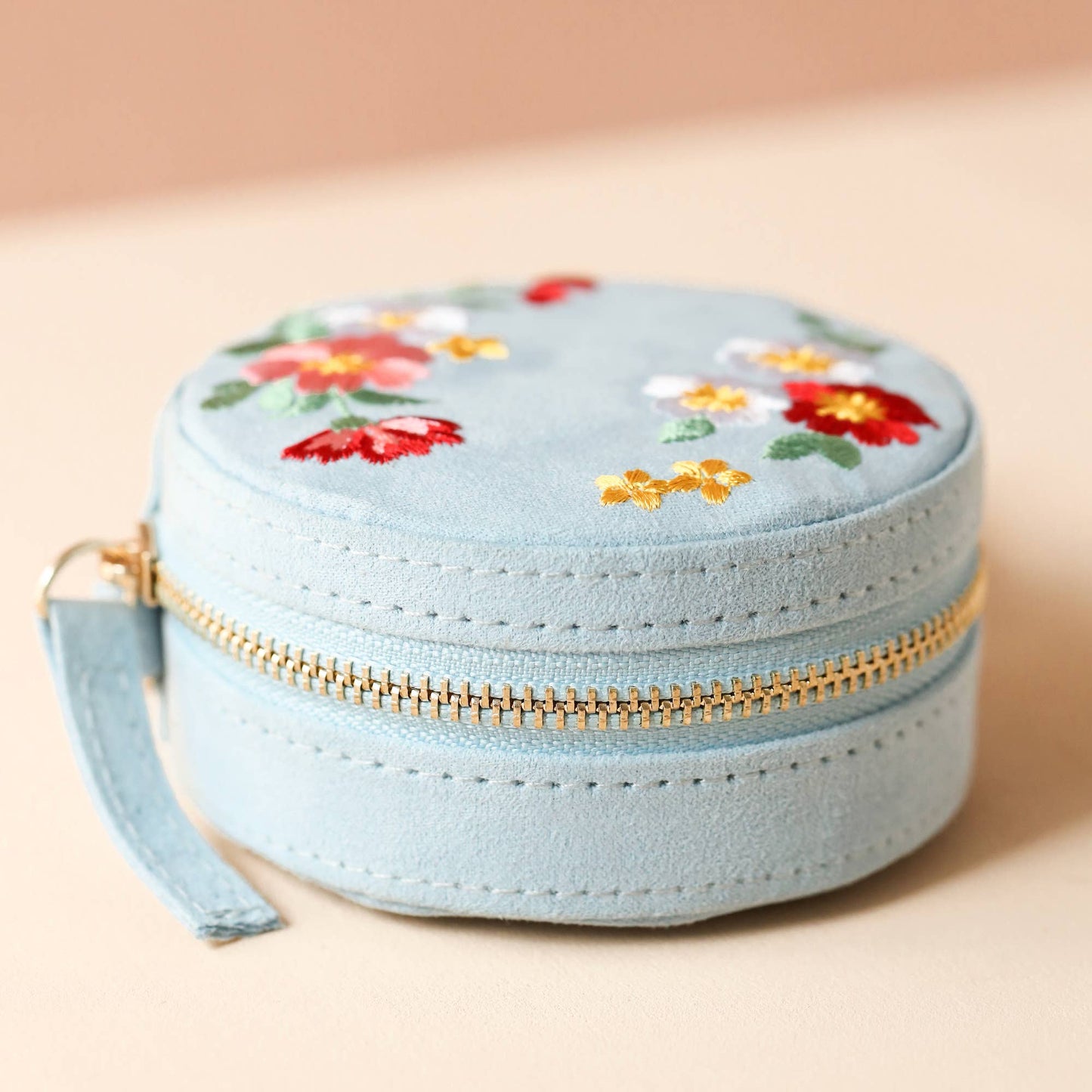 Embroidered Flowers Mini Round Velvet Jewelry Case
