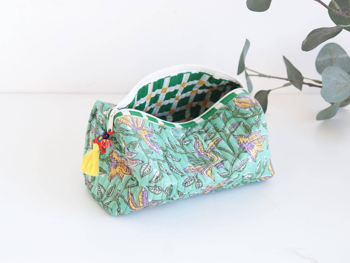 Quilted Block Print Cosmetic Pouch - Green Floral
