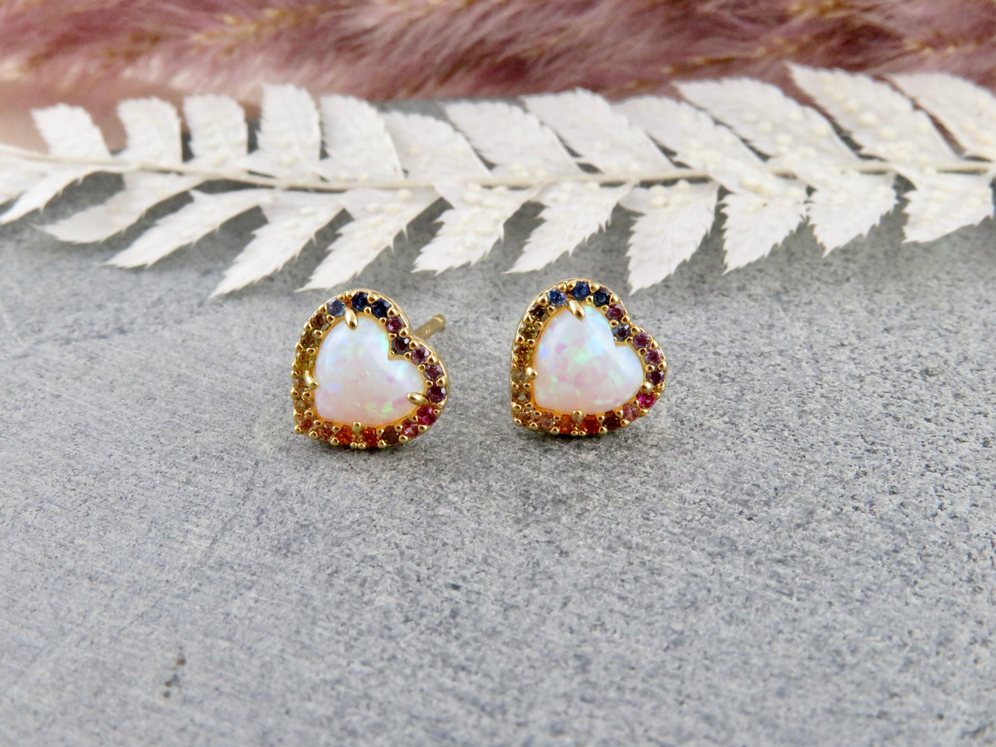 Multicolor Opal Heart Post Earrings