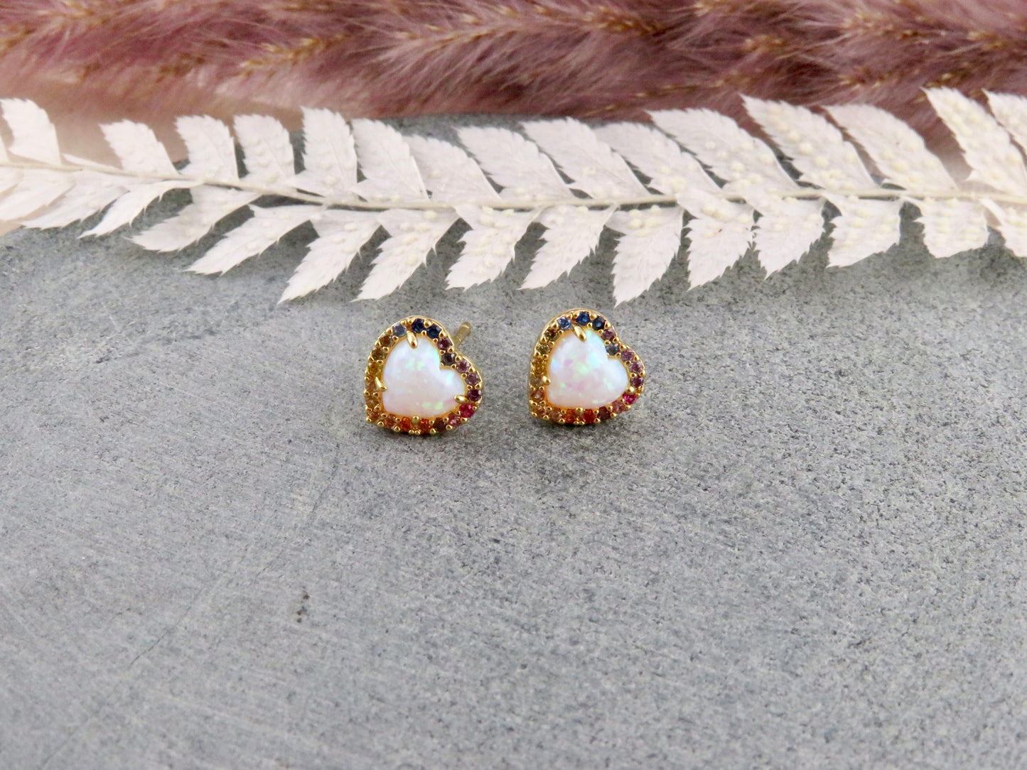 Multicolor Opal Heart Post Earrings