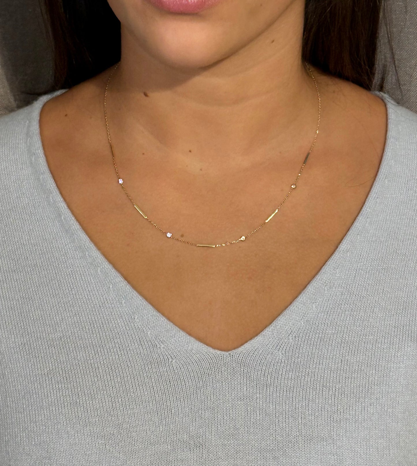 14k Solid Gold Bars/Diamonds Necklace 18"