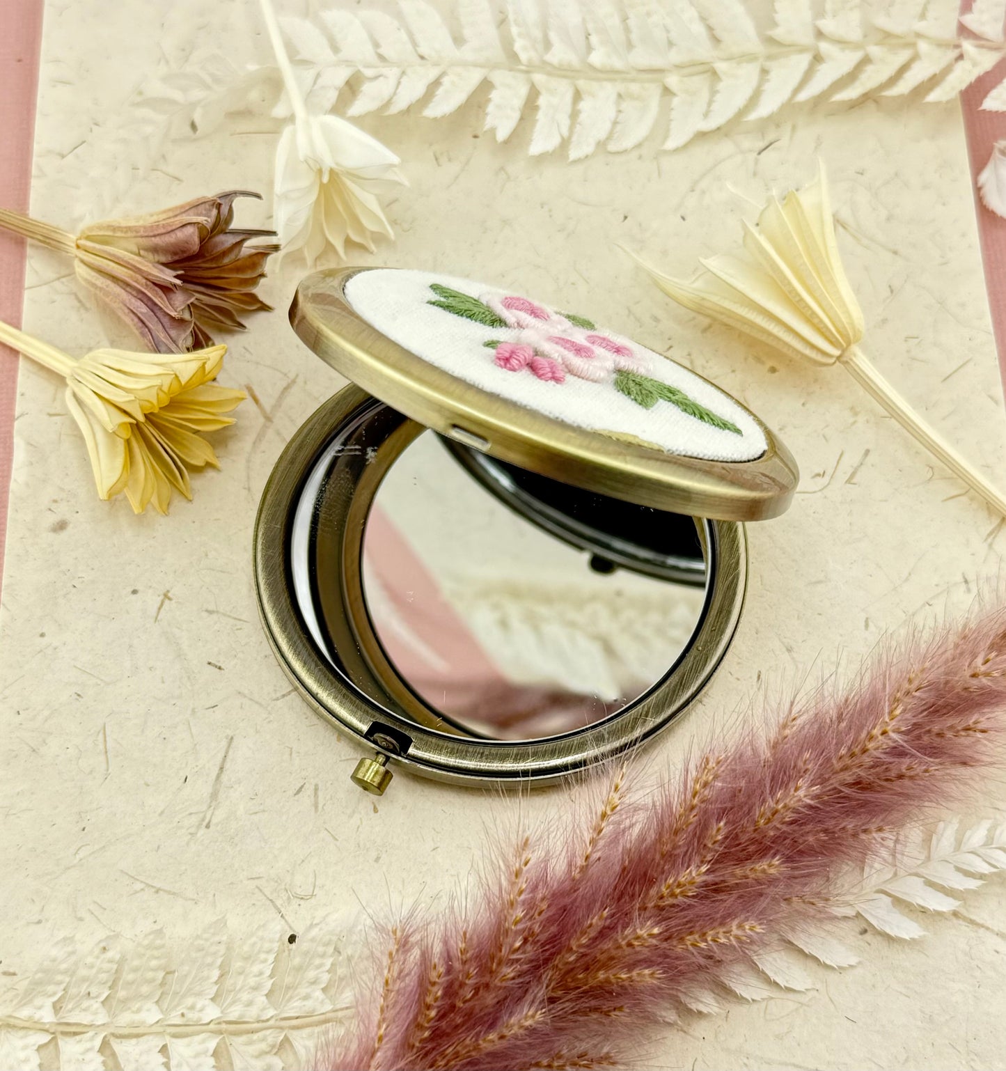 Embroidered Compact Mirror - Roses