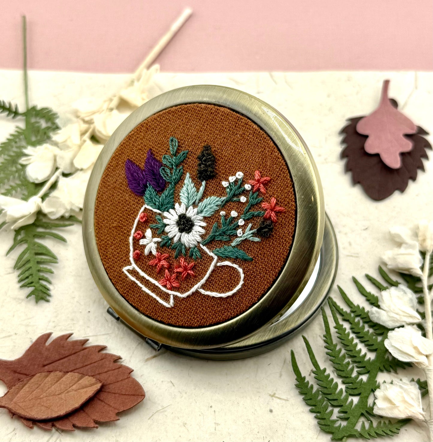 Embroidered Compact Mirror - Floral Teacup