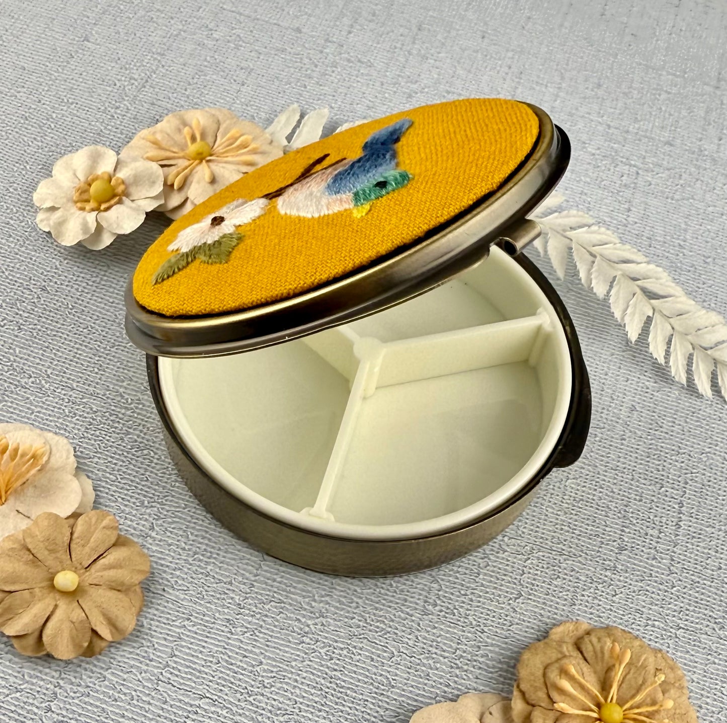 Embroidered Pill/Jewelry Container - Yellow Bird