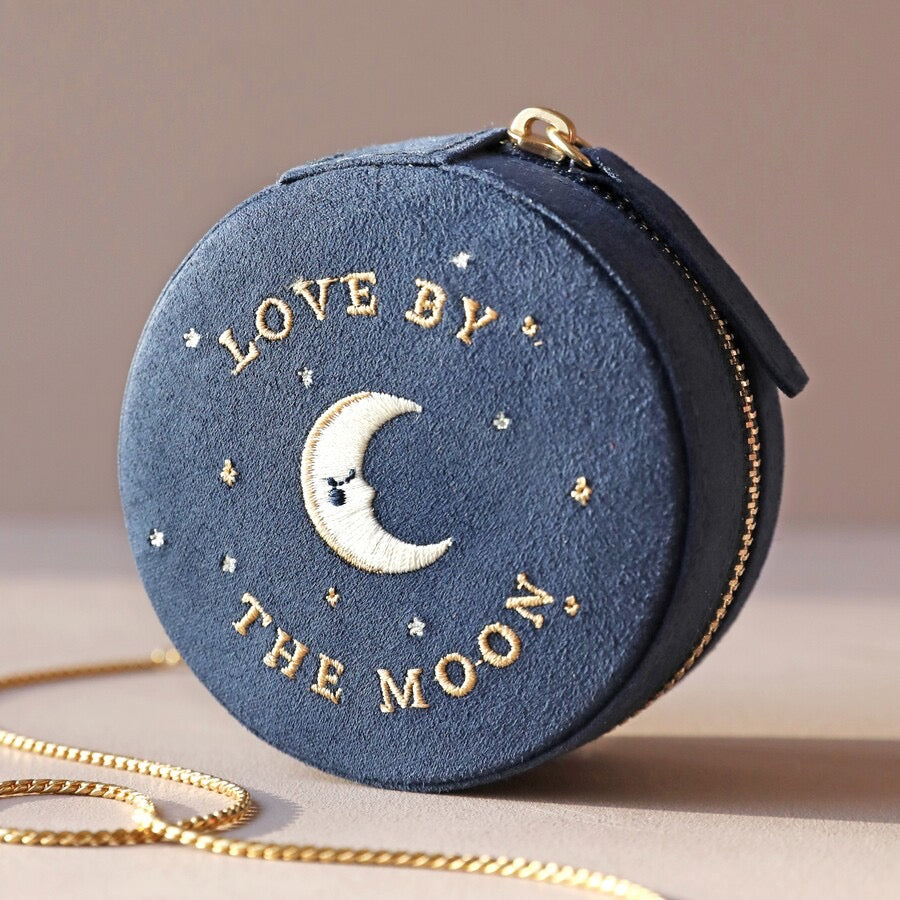 Sun and Moon Embroidered Travel Jewelry Case (Navy)