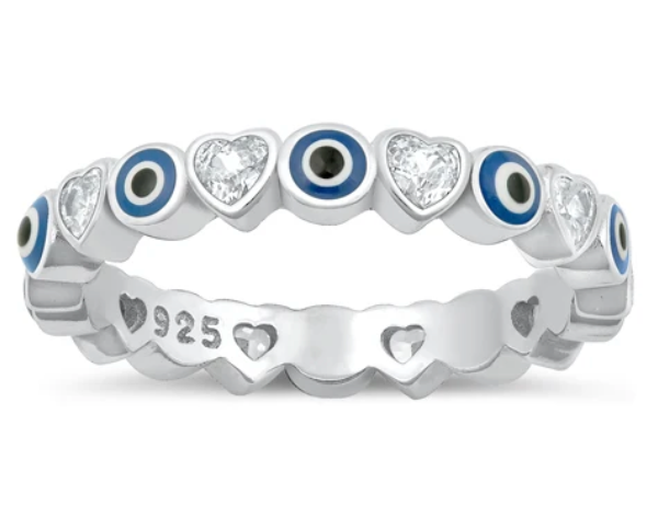 Evil Eye Heart Band Ring- Sterling/Enamel