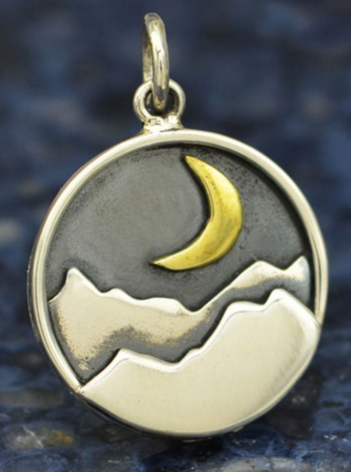 Moon and Mountains Disc Necklace - Sterling/Bronze