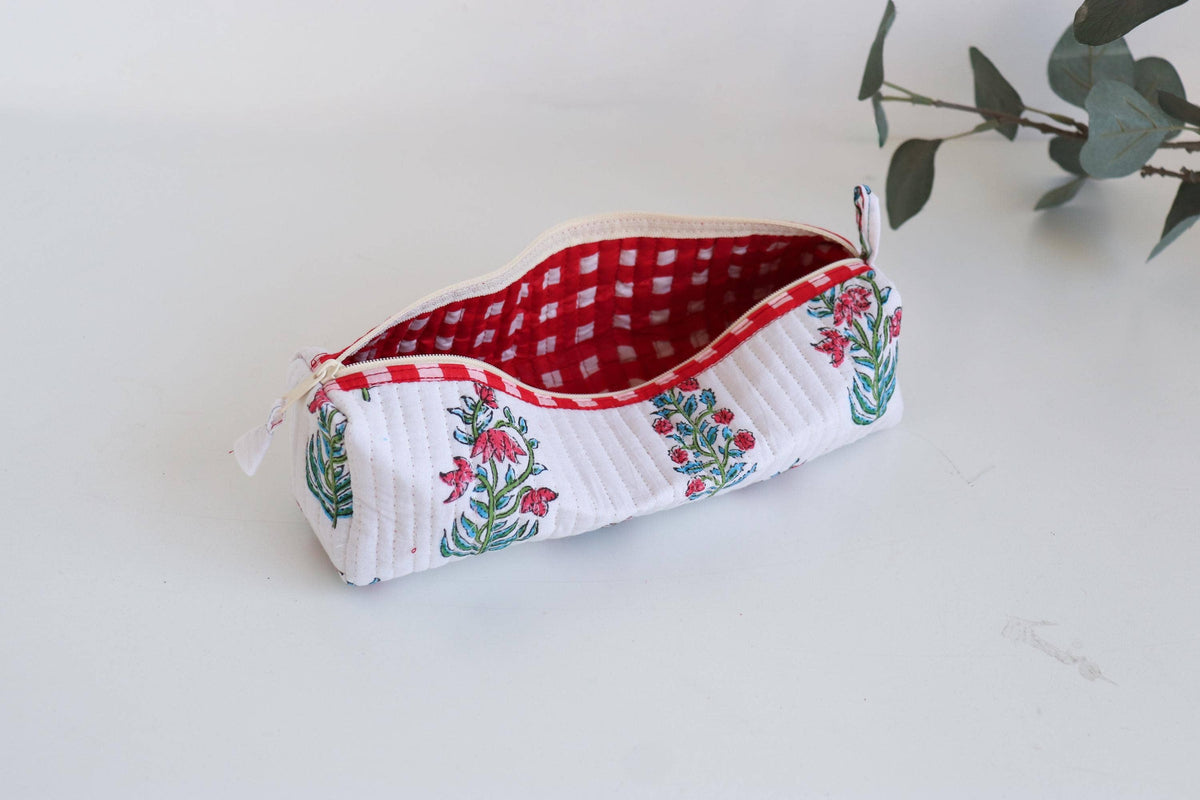 Cotton Block Print Pouch Organizer - SM - White Floral