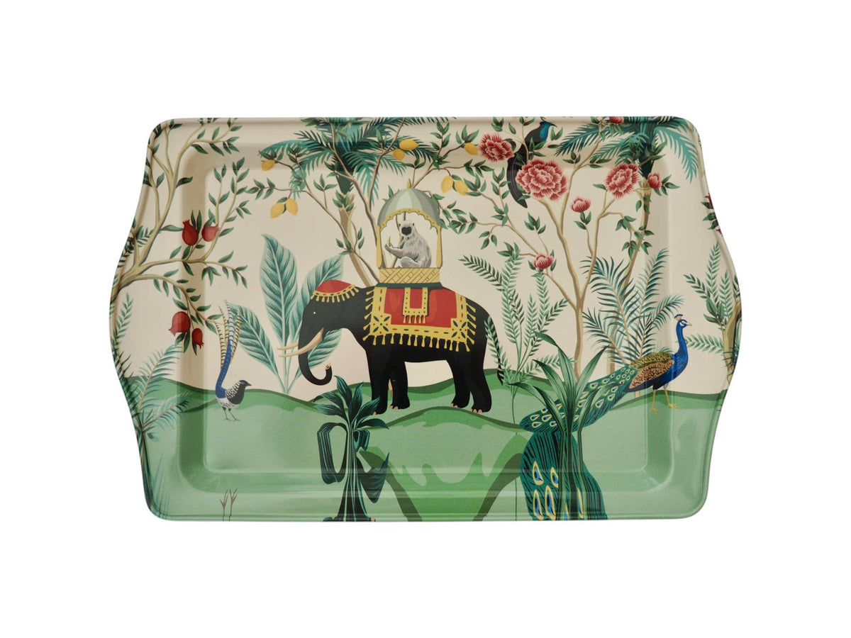 Introducing the Metal Tray - Elephant by Esthetic Living, a decorative tin tray adorned with an illustration of an elephant under a canopy, accompanied by a monkey, two peacocks, and vibrant plants and flowers set against a green and cream background.