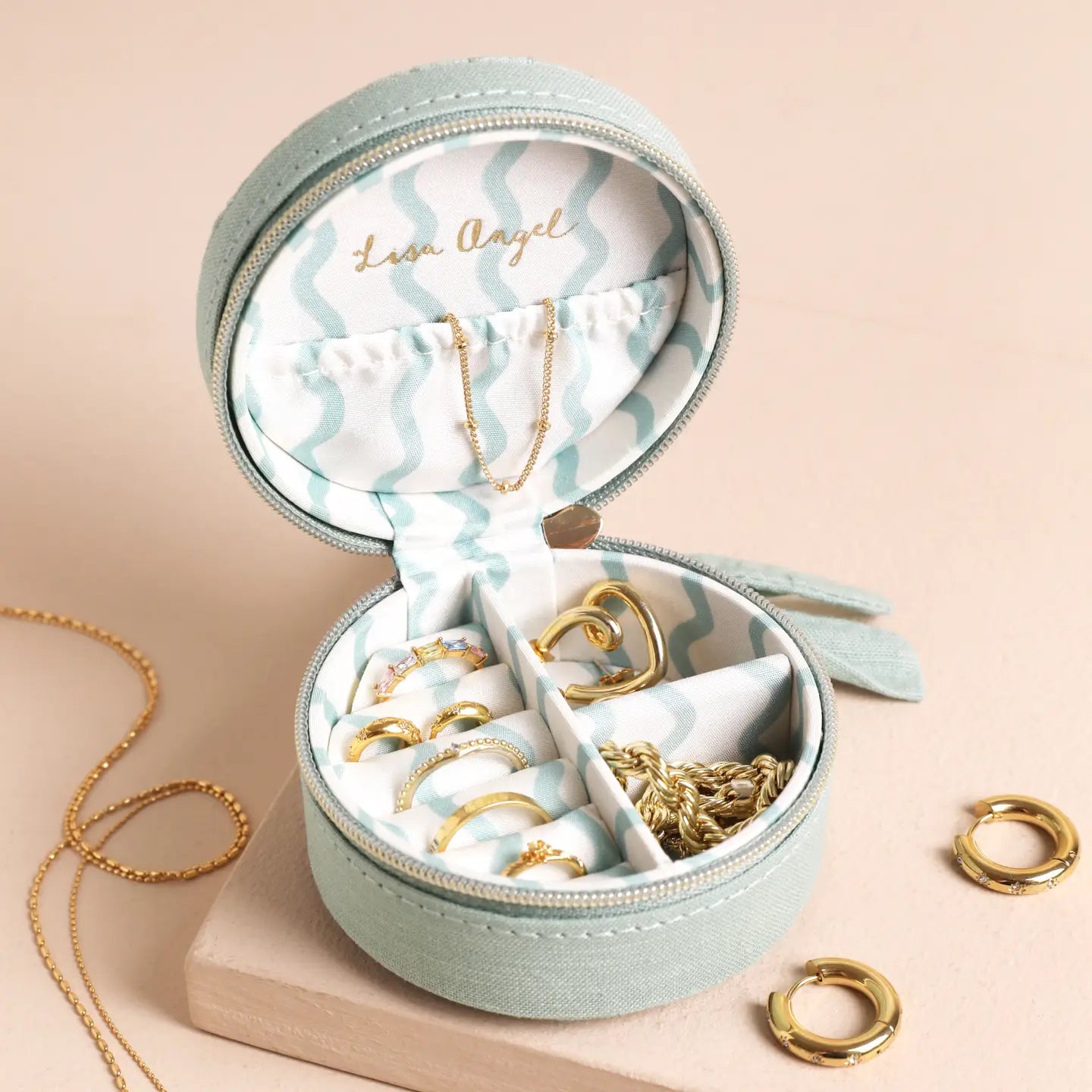 Mint Linen Round Travel Jewelry Case