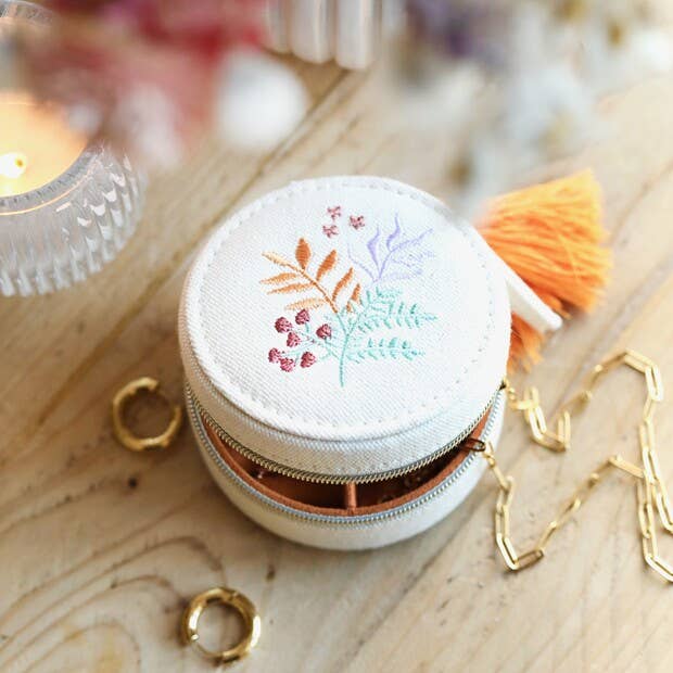 Embroidered Leaves Mini Round Linen Travel Jewelry Case