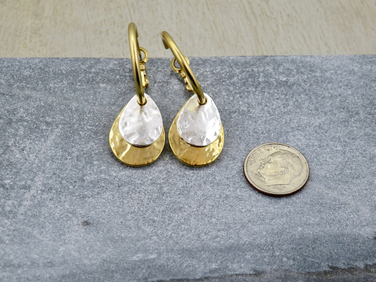 Two Tone Teardrop Earrings | Hammered Drop Earrings | Mixed Metal Hoops | Silver Gold Drop Earrings | Two Tone Hoops | Hammered Rustic Hoops
