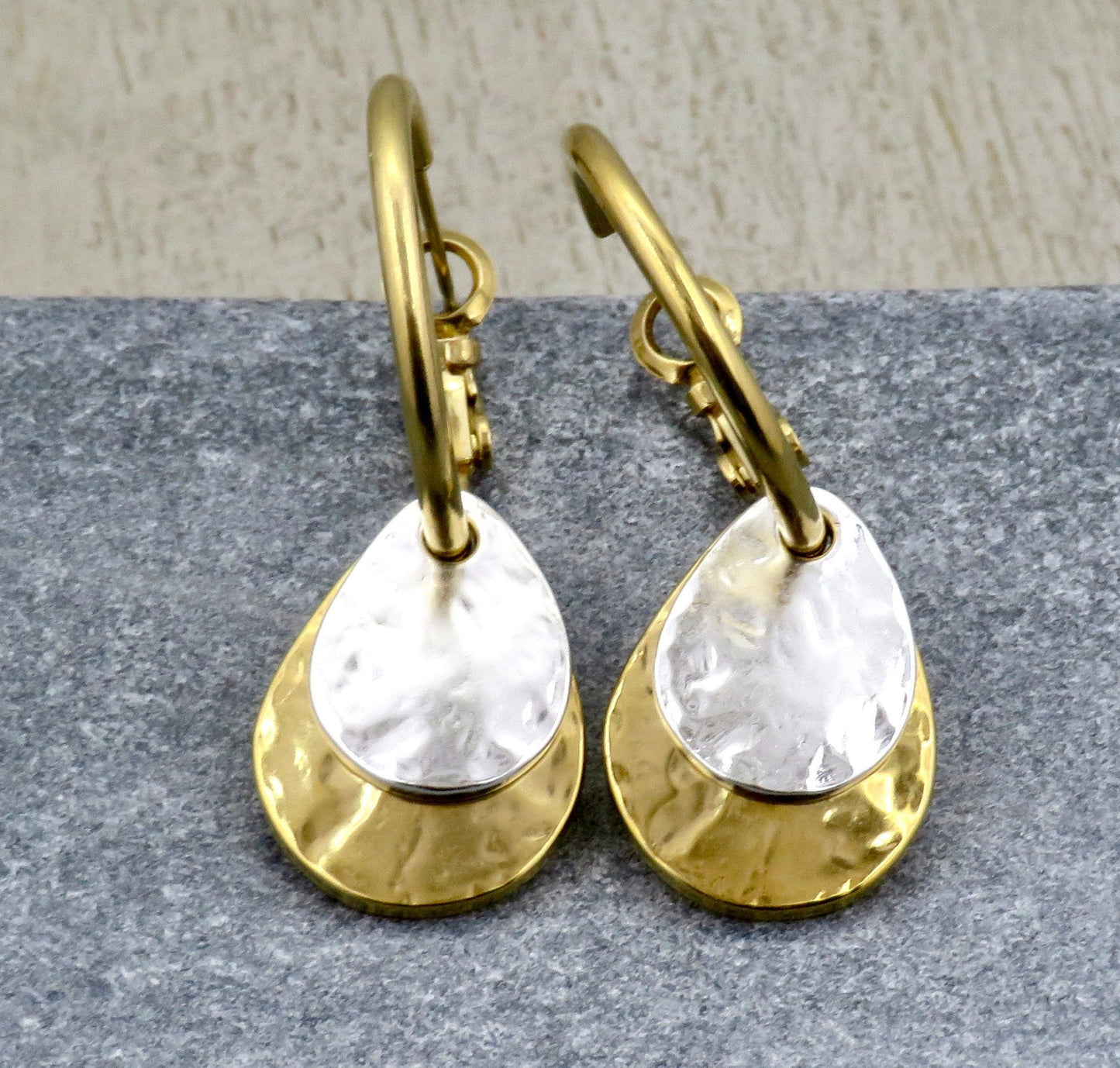 Two Tone Teardrop Earrings | Hammered Drop Earrings | Mixed Metal Hoops | Silver Gold Drop Earrings | Two Tone Hoops | Hammered Rustic Hoops