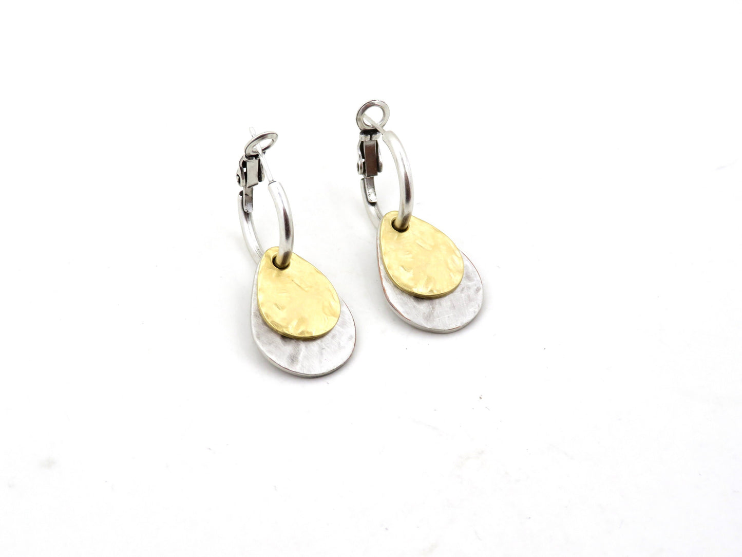 Two Tone Teardrop Earrings | Hammered Drop Earrings | Mixed Metal Hoops | Silver Gold Drop Earrings | Two Tone Hoops | Hammered Rustic Hoops