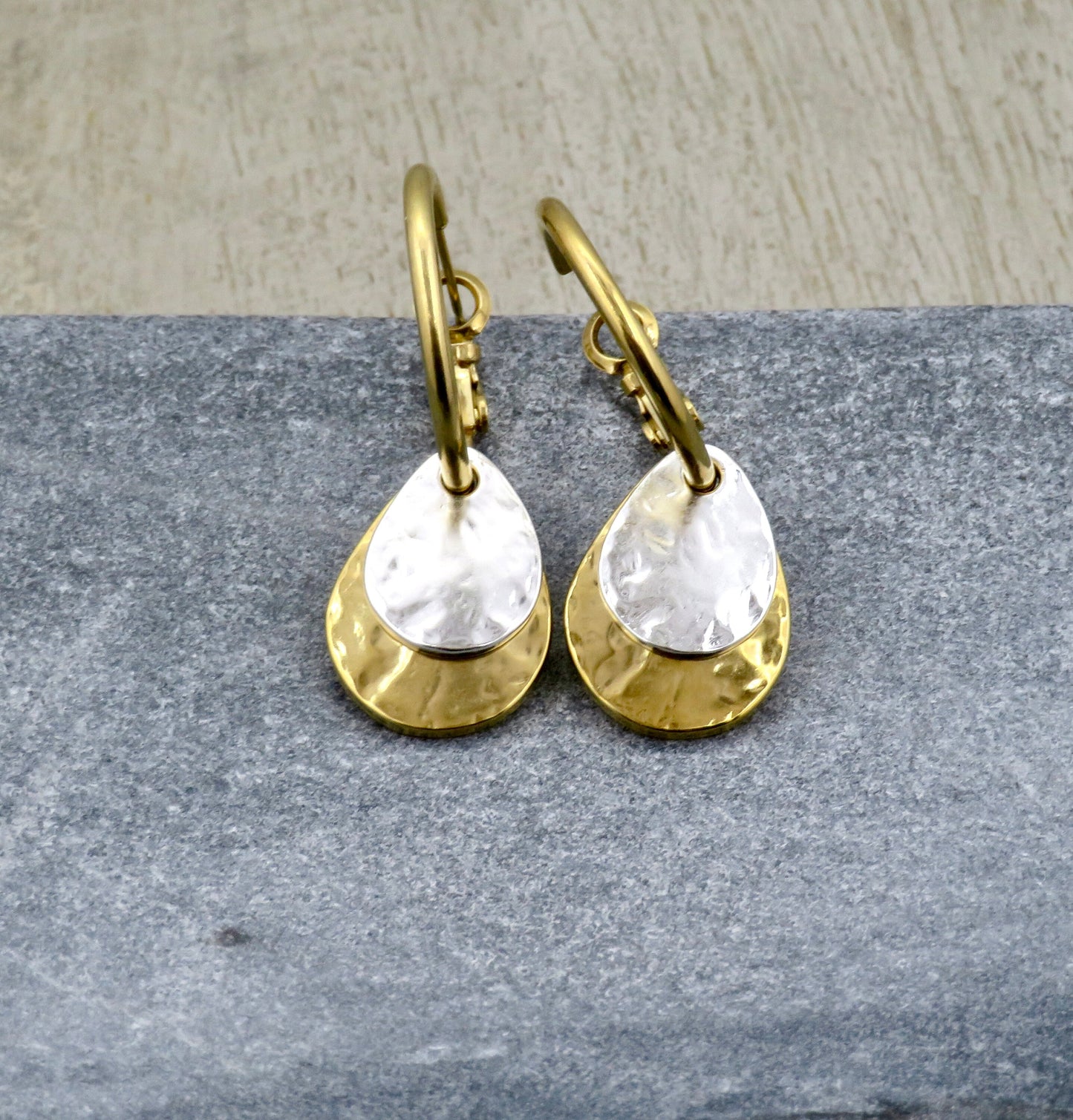 Two Tone Teardrop Earrings | Hammered Drop Earrings | Mixed Metal Hoops | Silver Gold Drop Earrings | Two Tone Hoops | Hammered Rustic Hoops