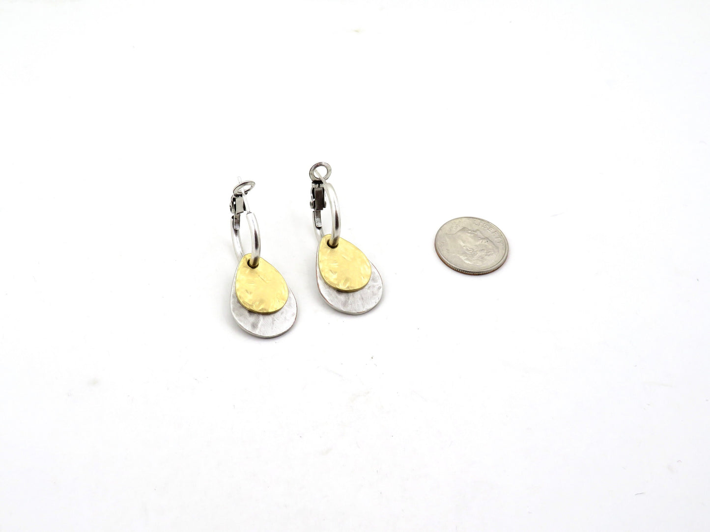 Two Tone Teardrop Earrings | Hammered Drop Earrings | Mixed Metal Hoops | Silver Gold Drop Earrings | Two Tone Hoops | Hammered Rustic Hoops