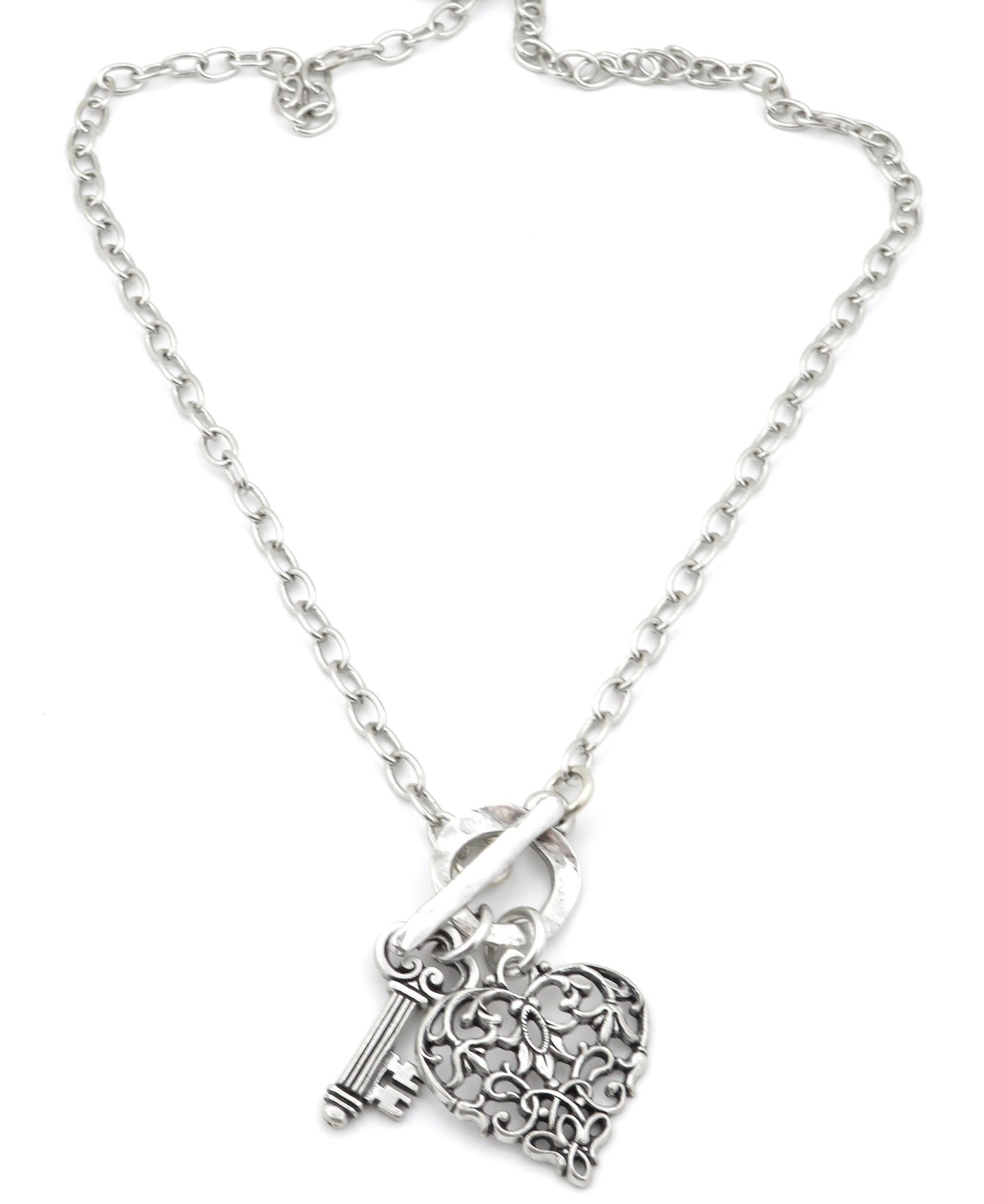 Antique Silver Heart Necklace | Romantic Heart Necklace | Key to My Heart Necklace | Heart and Key Necklace | Baroque Silver Heart Necklace