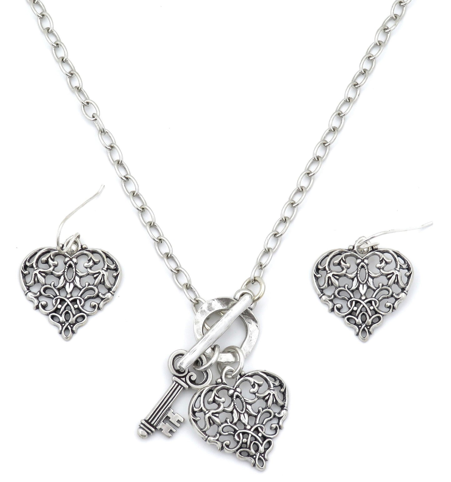Antique Silver Heart Necklace | Romantic Heart Necklace | Key to My Heart Necklace | Heart and Key Necklace | Baroque Silver Heart Necklace