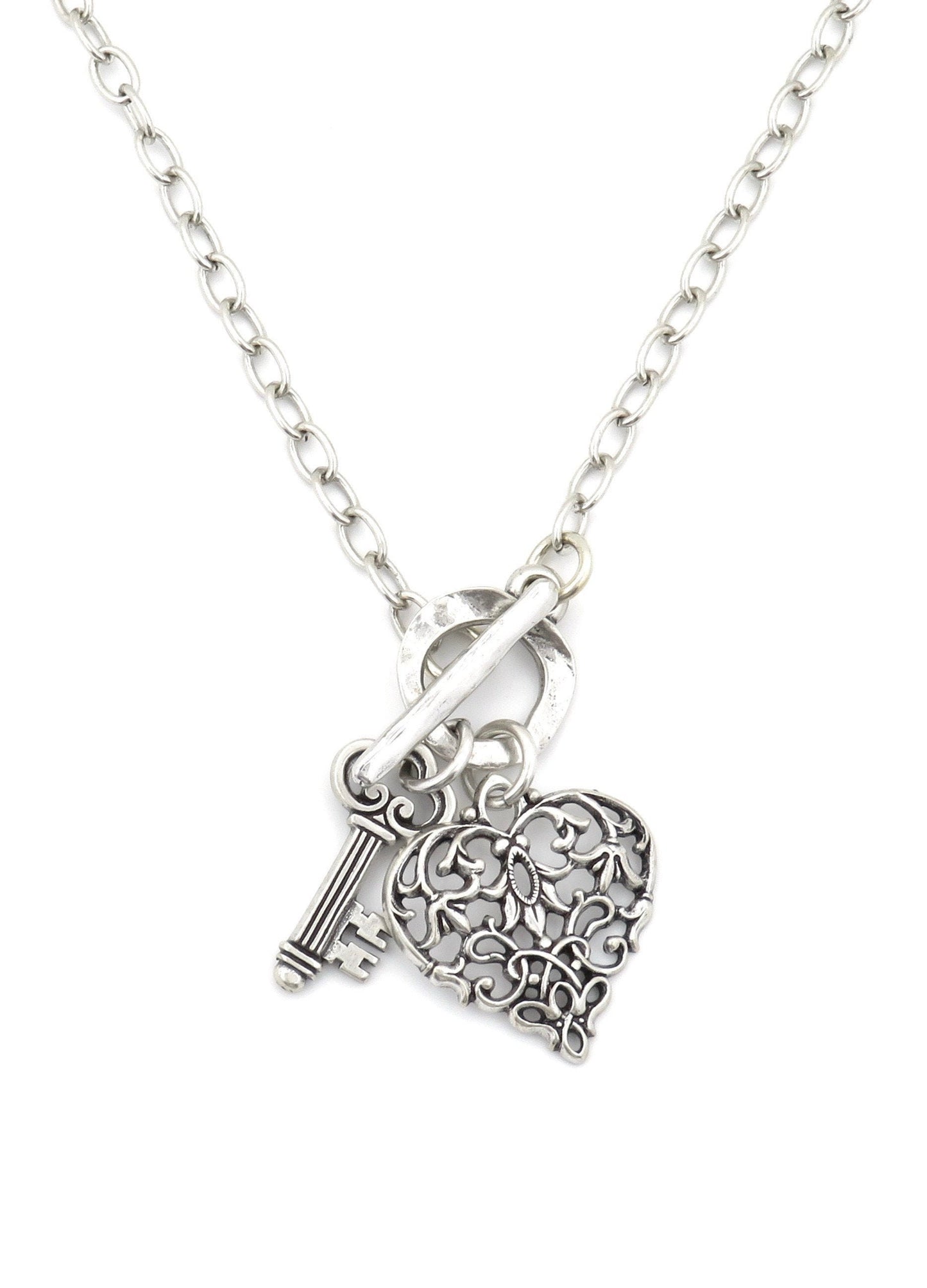 Antique Silver Heart Necklace | Romantic Heart Necklace | Key to My Heart Necklace | Heart and Key Necklace | Baroque Silver Heart Necklace