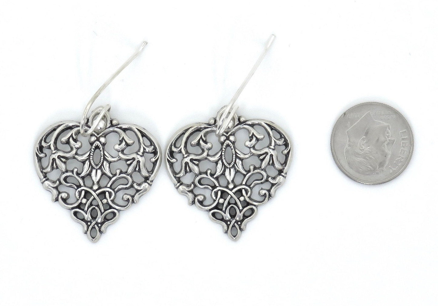 Antique Silver Heart Earrings | Victorian Heart Earrings | Romantic Heart Earrings | Baroque Silver Heart Earrings | Large Cutout Hearts