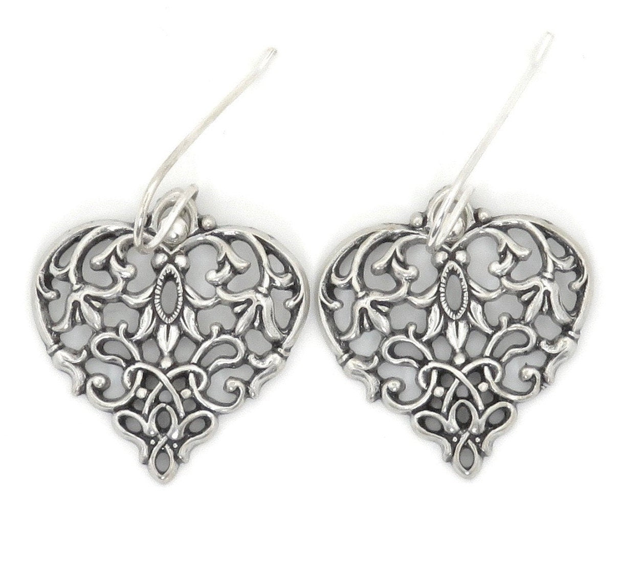 Antique Silver Heart Earrings | Victorian Heart Earrings | Romantic Heart Earrings | Baroque Silver Heart Earrings | Large Cutout Hearts