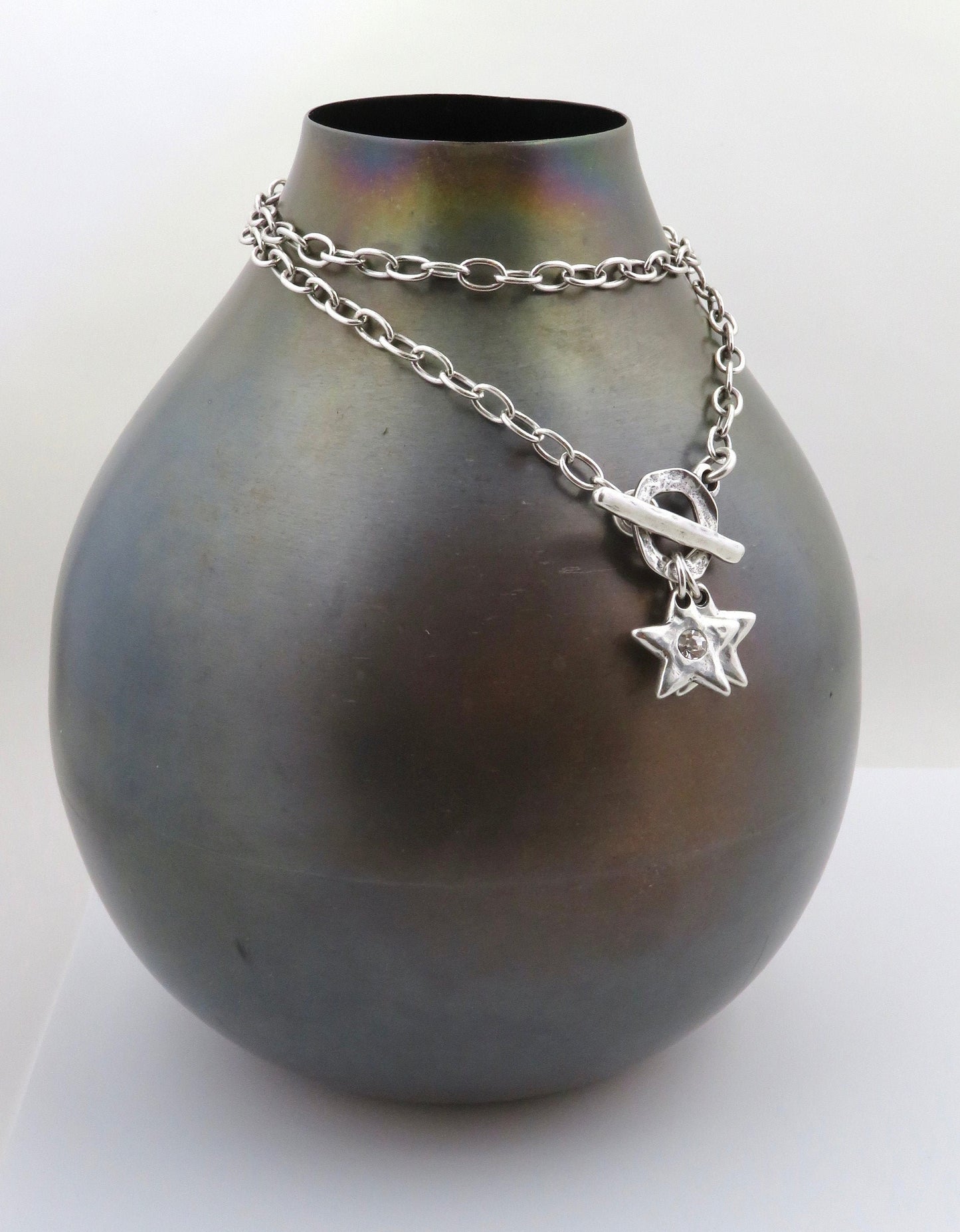 Silver Stars Front Toggle Necklace | Silver Star Necklace | Hammered Silver Star Pendant | Chunky Star Silver Necklace