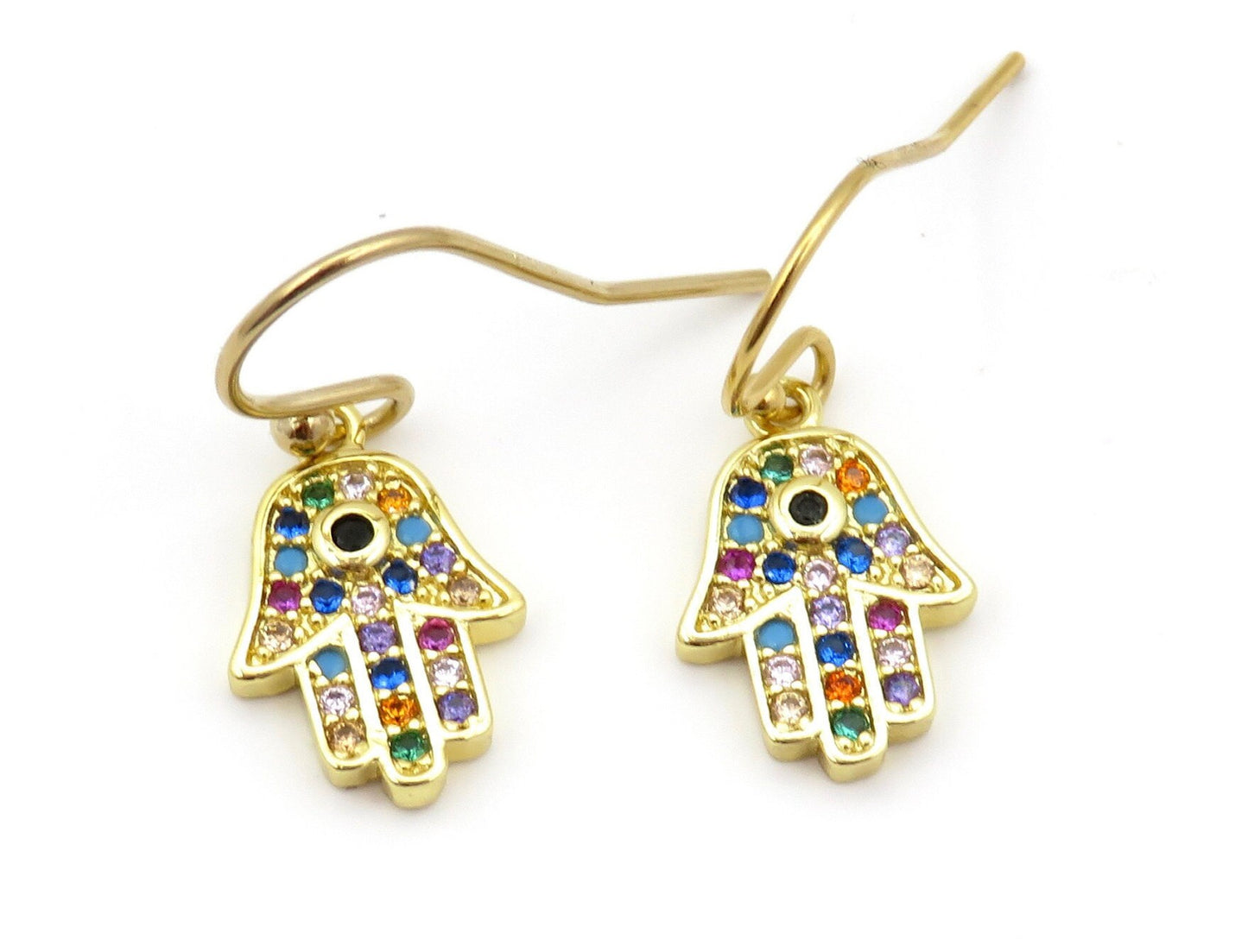 Gold Hamsa Earrings | Multicolored Hamsa Earrings | Colorful Hamsa Hand Earrings | Gold Sparkly Hamsa Earrings | Rainbow CZ Hamsa Earrings