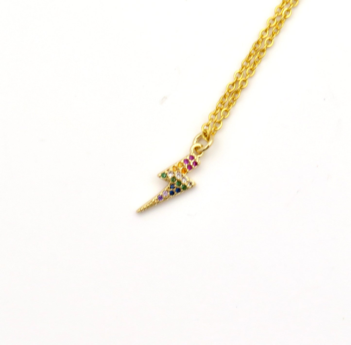 Gold Lightning Bolt Necklace | Lightning Bolt Multicolor Pendant | Sparkly Lightning Bolt Necklace | Rainbow Sparkly Lightning Pendant