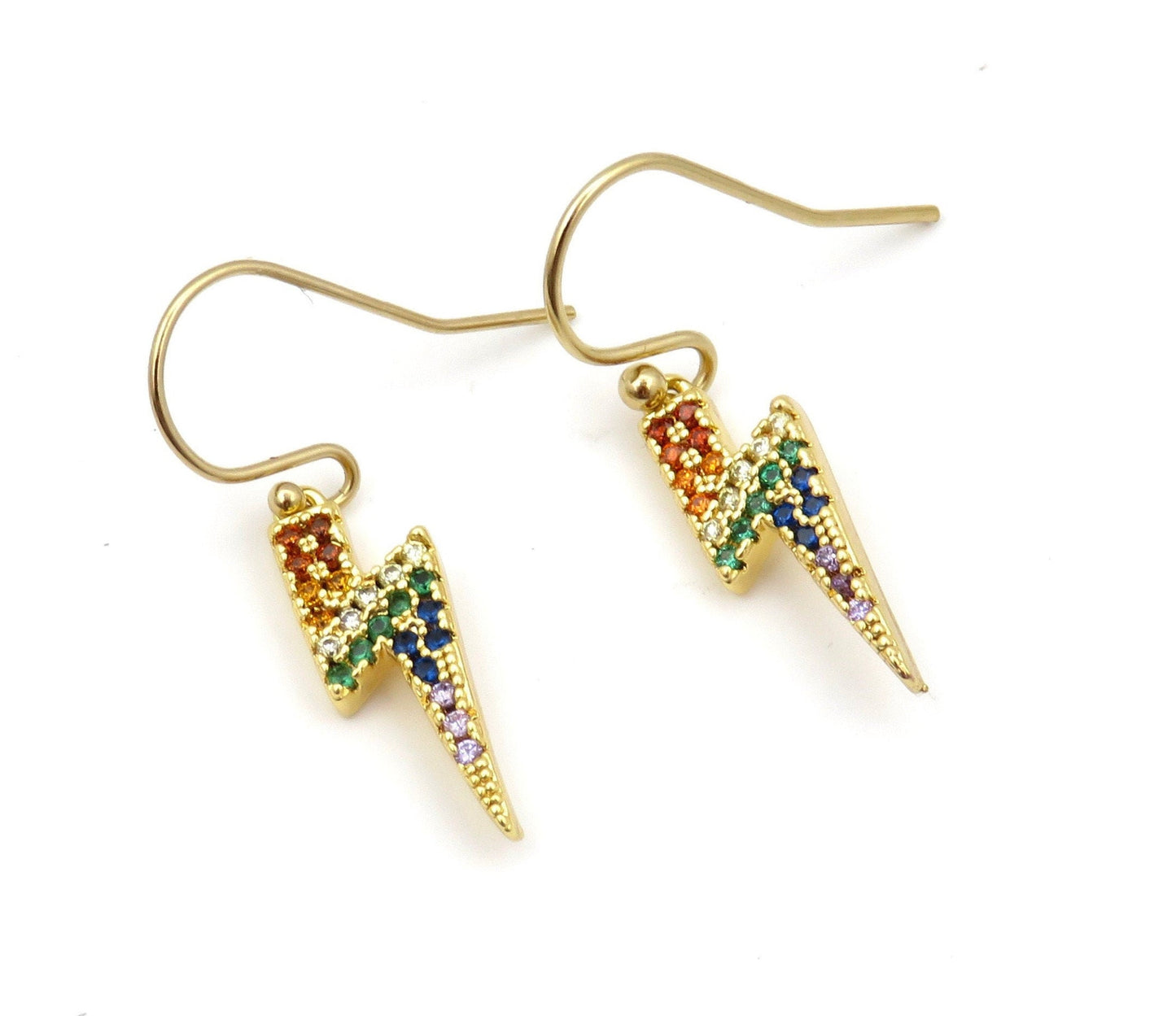Lightning Bolt Earrings | Gold Lightning Earrings | Multicolor CZ Bolt Earrings | Sparkly Lightning Bolt Earrings | Rainbow Lightning Bolts