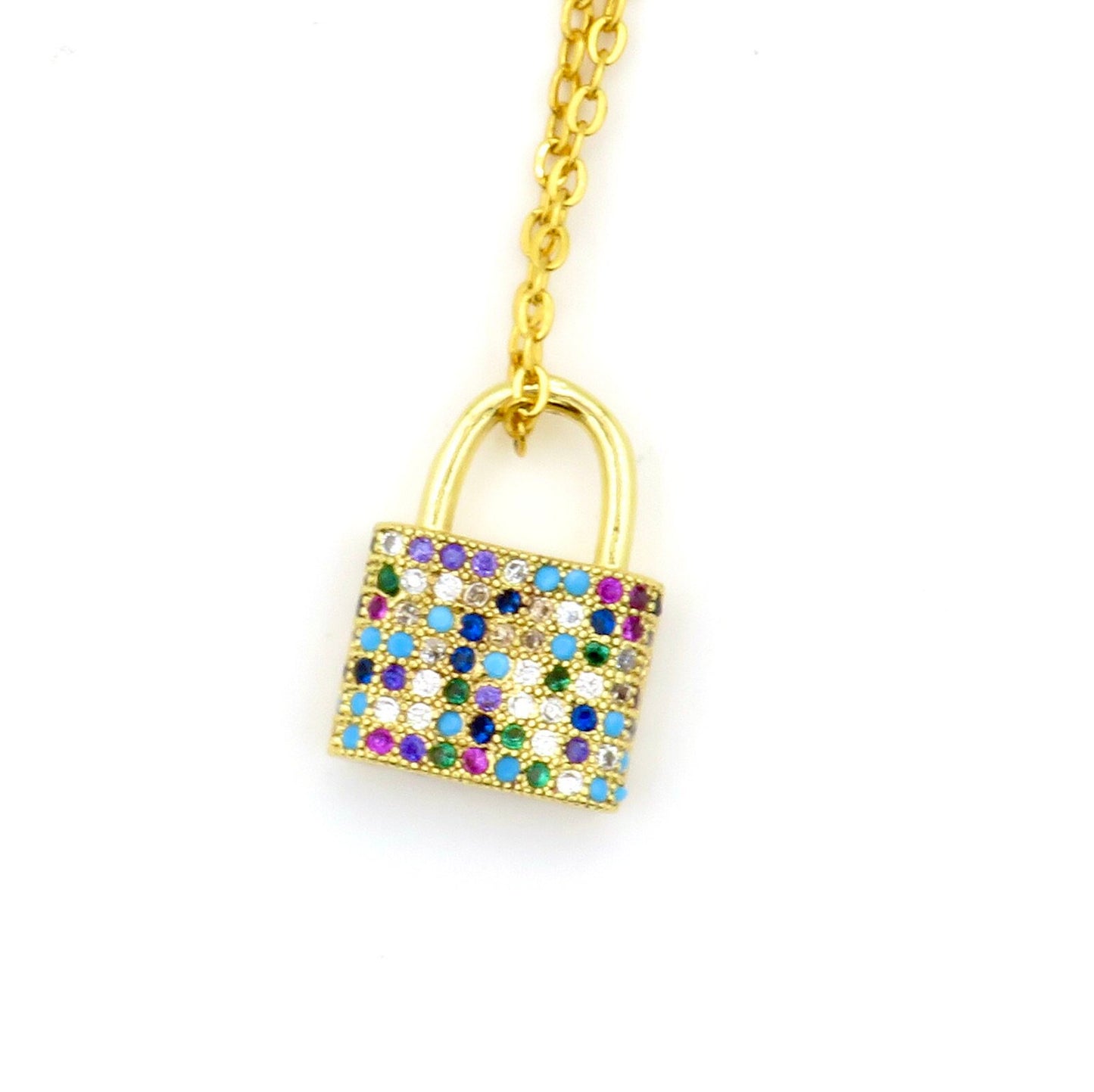 Gold Lock Necklace | Colorful Lock Necklace | Gold Rainbow Padlock Necklace | Gold Multicolored Lock Necklace | Gold Padlock Pendant