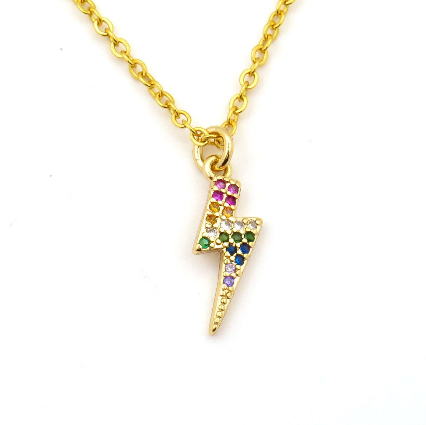 Gold Lightning Bolt Necklace | Lightning Bolt Multicolor Pendant | Sparkly Lightning Bolt Necklace | Rainbow Sparkly Lightning Pendant