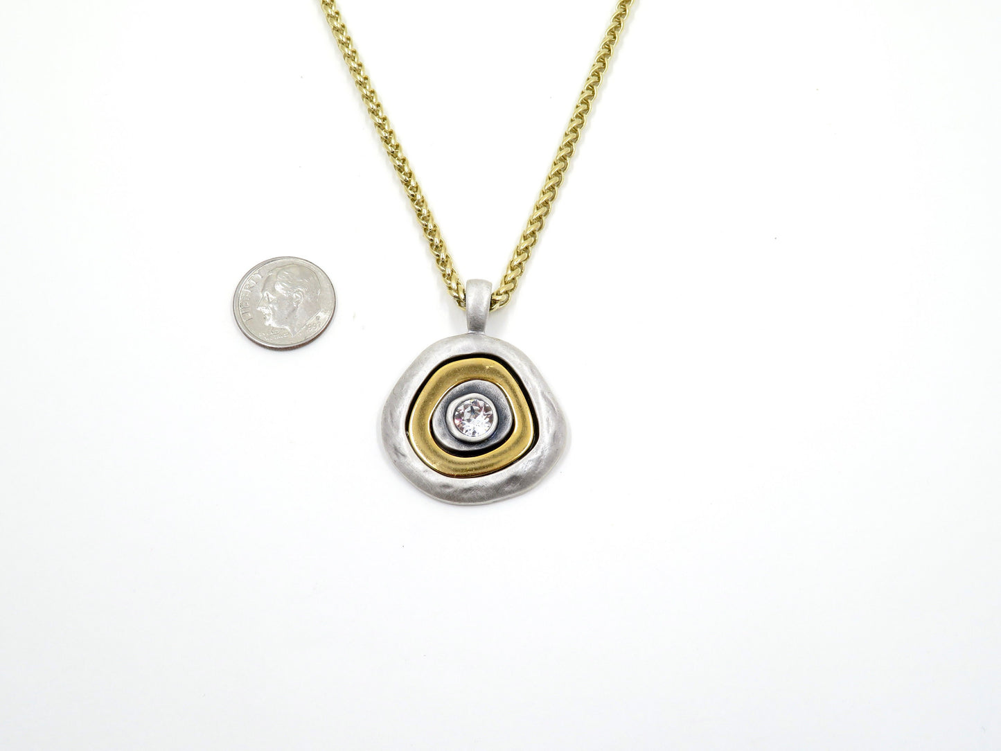 Two Tone Necklace | Hammered Gold Silver Pendant | Two Tone Sparkle Necklace | Mixed Metal Statement Pendant | Chunky Long Pendant