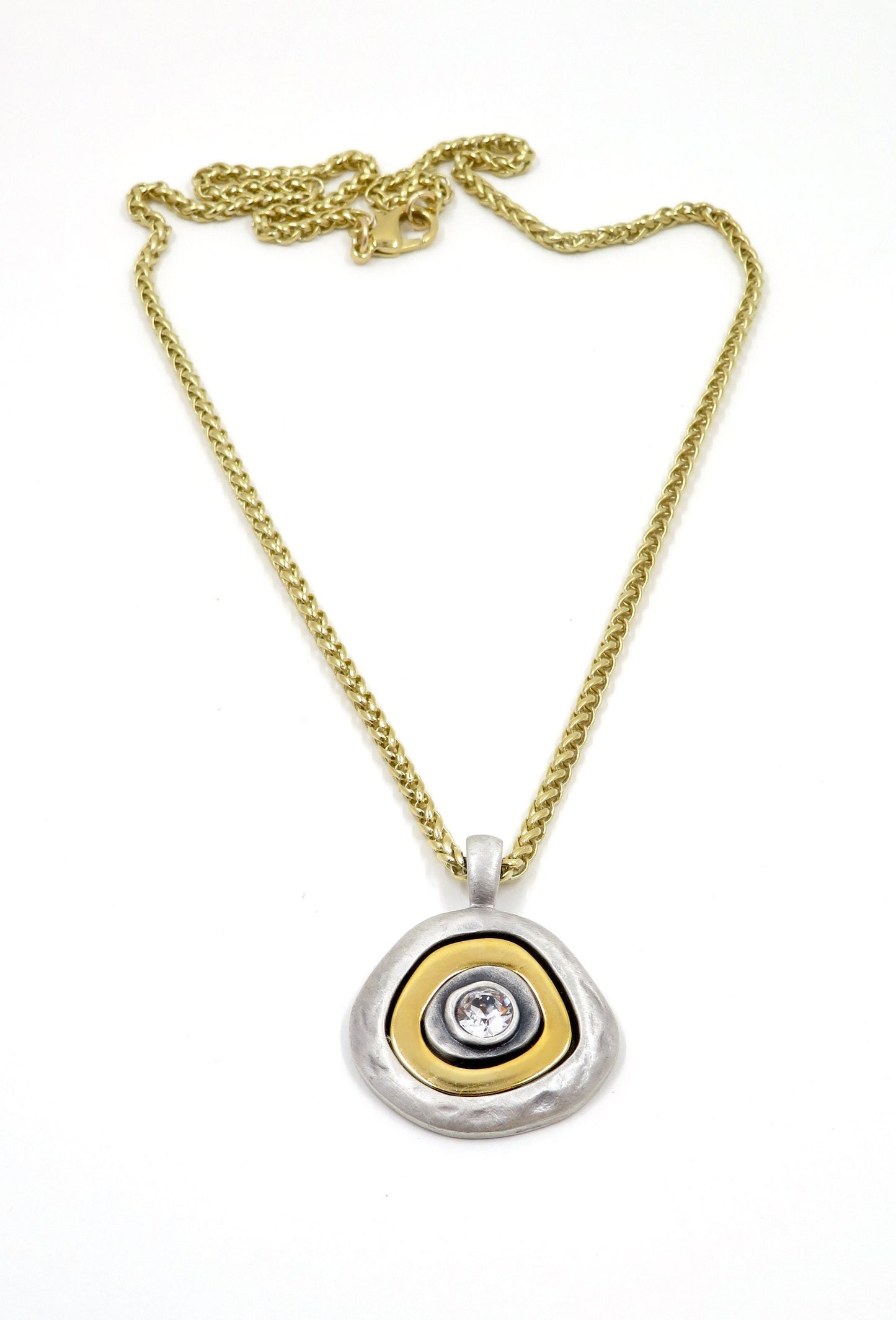 Two Tone Necklace | Hammered Gold Silver Pendant | Two Tone Sparkle Necklace | Mixed Metal Statement Pendant | Chunky Long Pendant