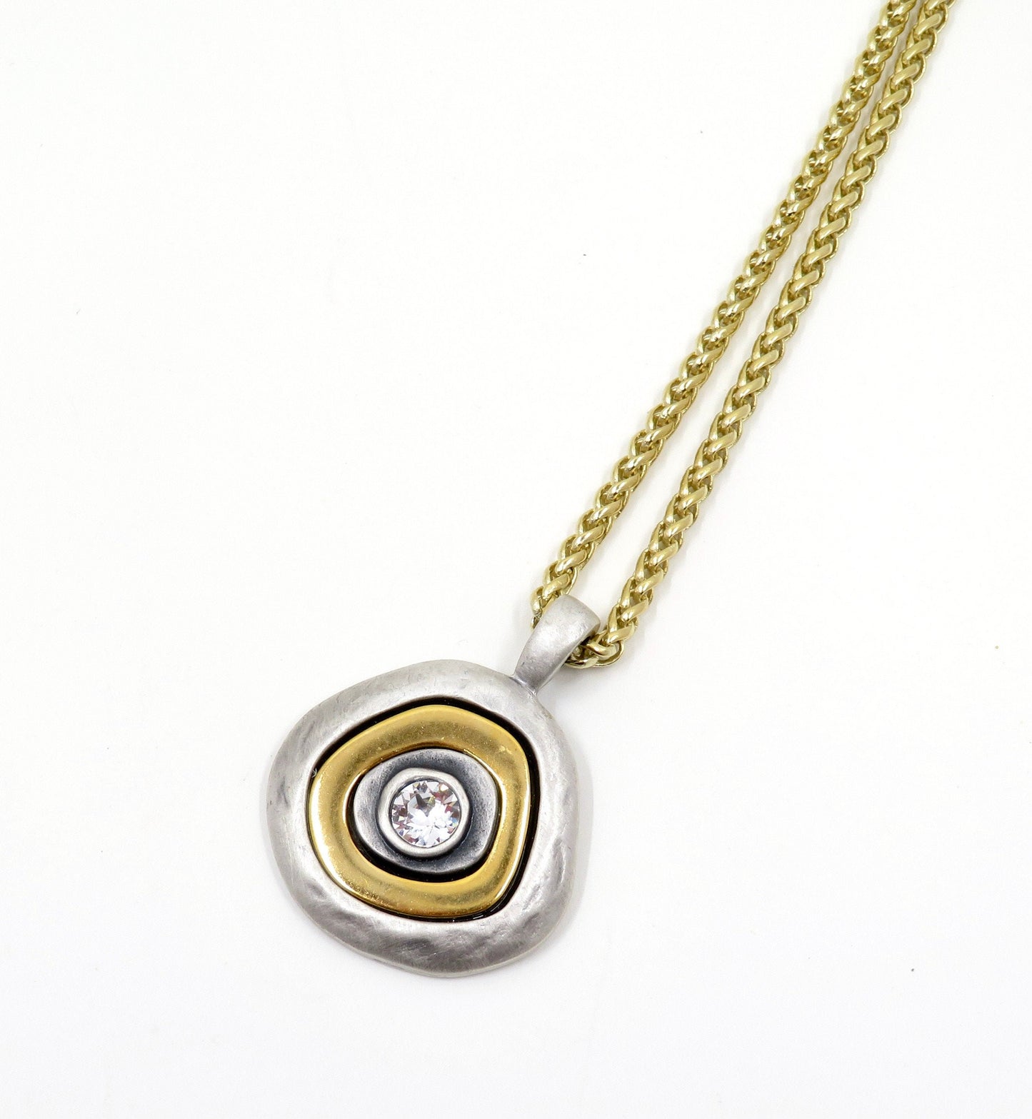 Two Tone Necklace | Hammered Gold Silver Pendant | Two Tone Sparkle Necklace | Mixed Metal Statement Pendant | Chunky Long Pendant