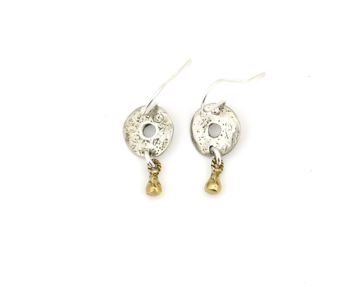 Rustic Artisan Earrings | Sterling Silver Earrings | Two Tone Earrings | Silver Gold Earrings | Mixed Metal Earrings | Sterling Discs
