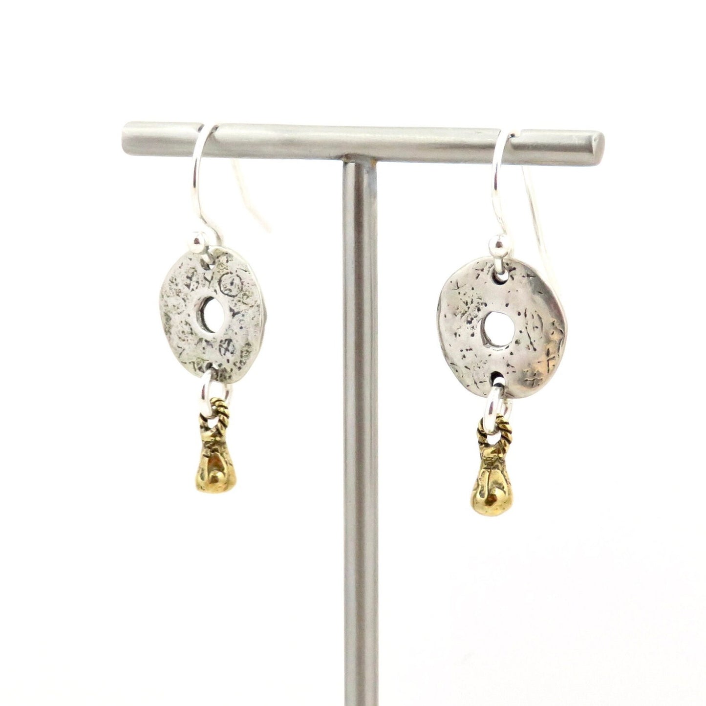 Rustic Artisan Earrings | Sterling Silver Earrings | Two Tone Earrings | Silver Gold Earrings | Mixed Metal Earrings | Sterling Discs