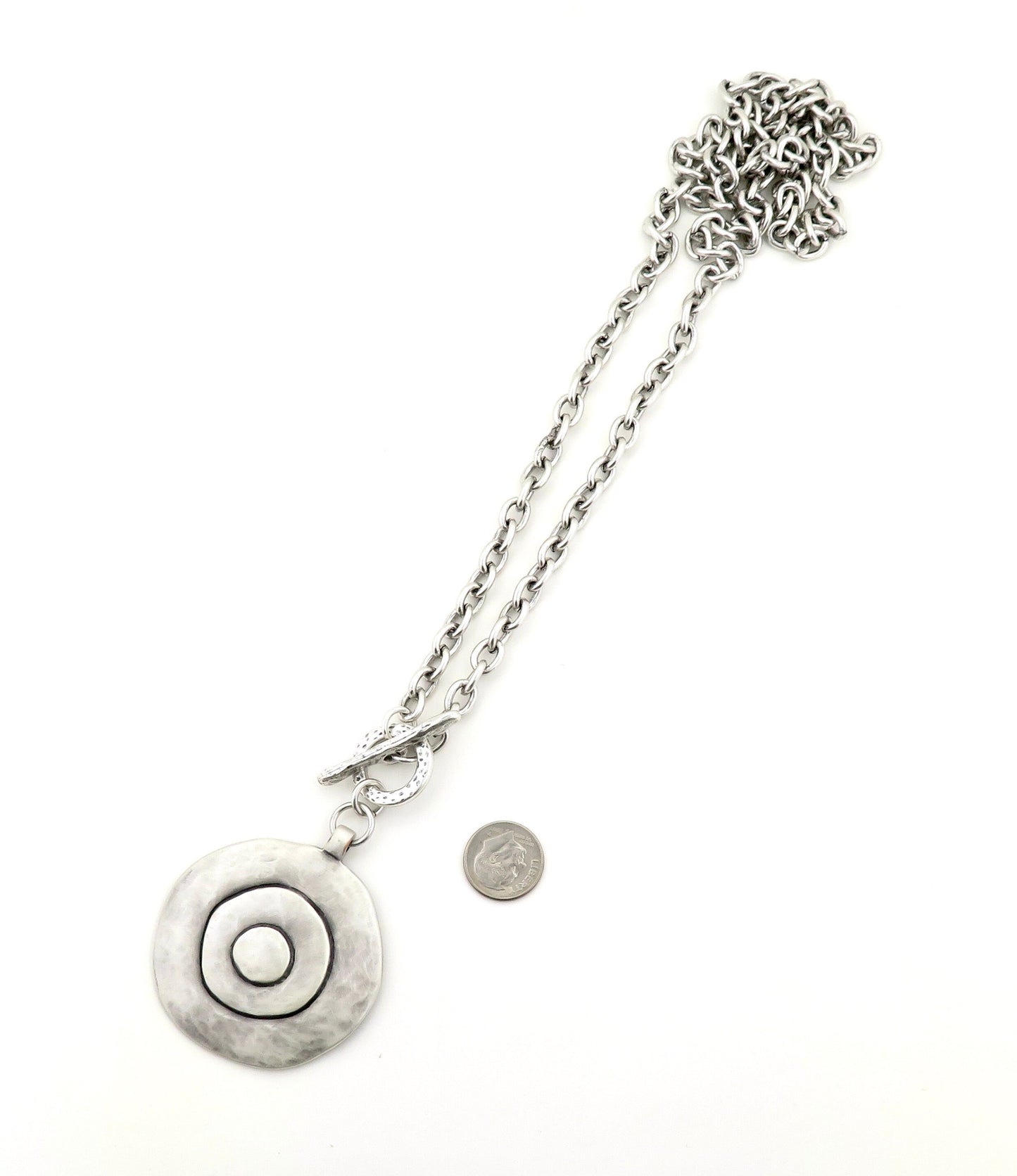 Long Chunky Silver Necklace | Silver Geometric Long Pendant | Concentric Circles Long Necklace | Bullseye Chunky Pendant | Long Medallion