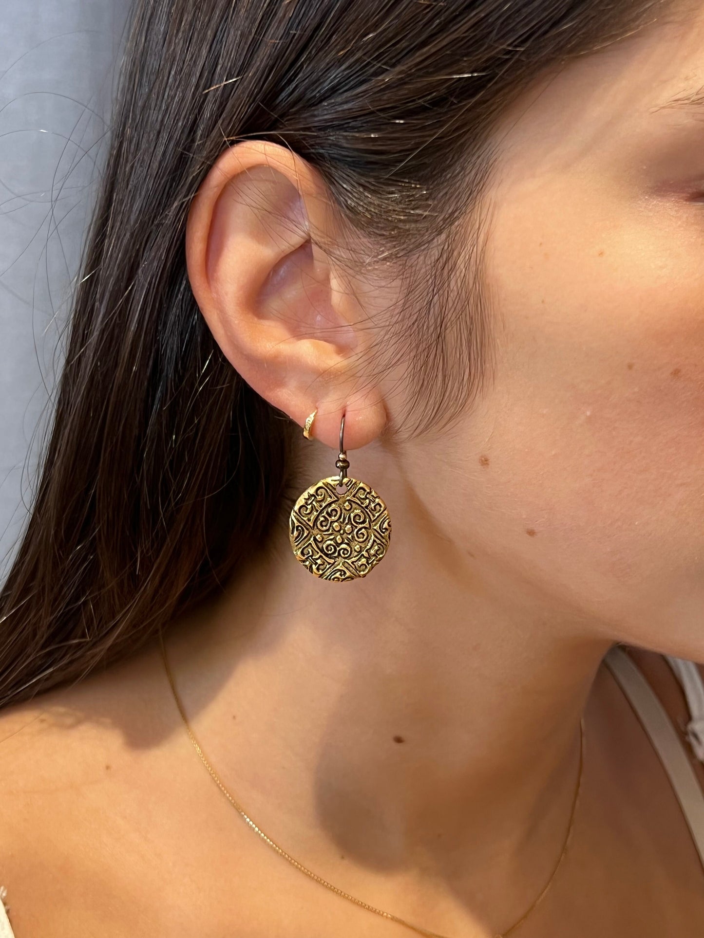 Brass Coin Earrings | Stamped Bronze Disc earrings | Gold Round Ethnic Earrings | Gold Medallion Earrings | Rustic Bronze Earrings | Unique