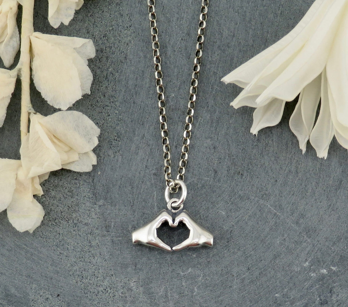 Heart Hands Necklace, Sterling Love Necklace, Hands Making Heart Necklace, Heart in Hands Pendant, Sterling Heart in Hands Necklace