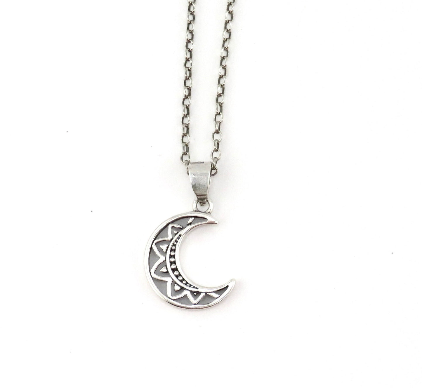 Sterling Moon Necklace, Silver Boho Moon Necklace, Sterling Moon Pendant, Silver Fancy Moon Necklace, Unique Silver Moon Necklace
