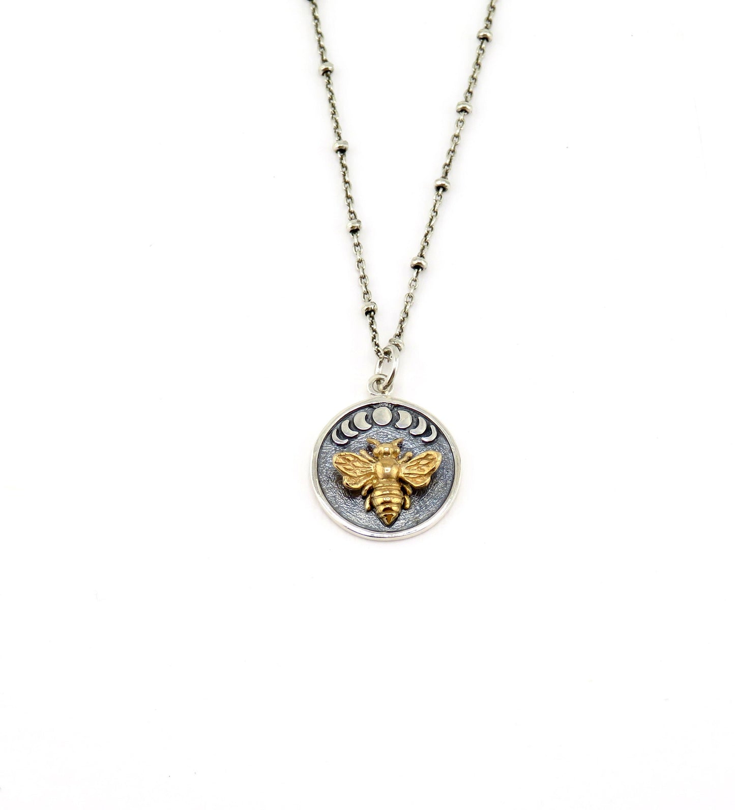 Sterling Bee Necklace | Two Tone Bee Necklace | Silver Bee Pendant | Sterling Bee Moon Necklace | Bee Medallion Necklace | Bee Moon Phases