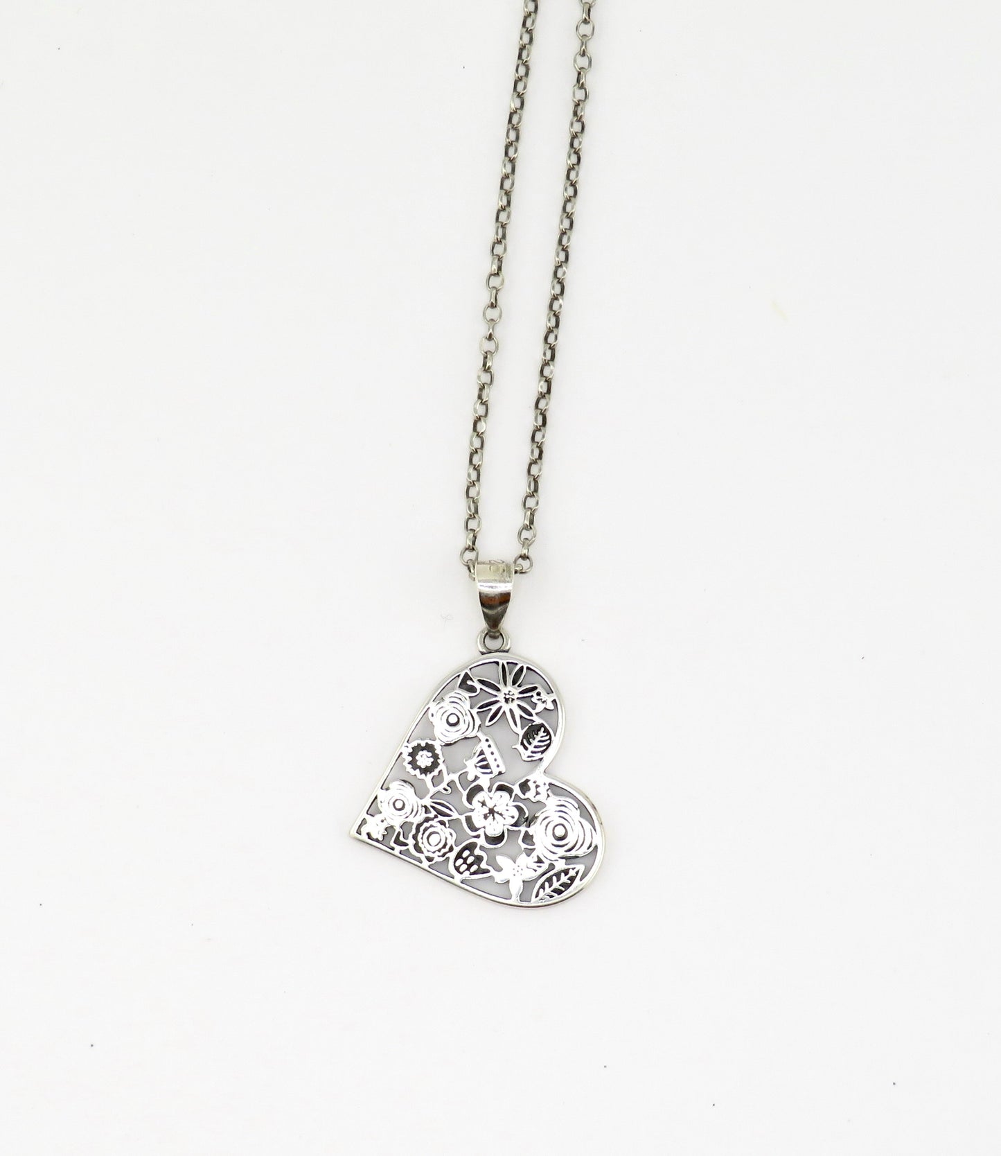 Sterling Heart Necklace, Silver Floral Heart Necklace, Sterling Love Necklace, Silver Heart Pendant, Unique Silver Heart Necklace