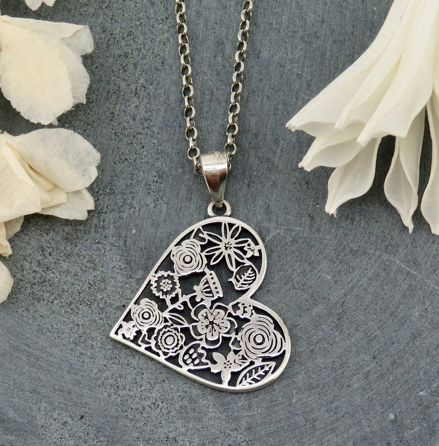 Sterling Heart Necklace, Silver Floral Heart Necklace, Sterling Love Necklace, Silver Heart Pendant, Unique Silver Heart Necklace