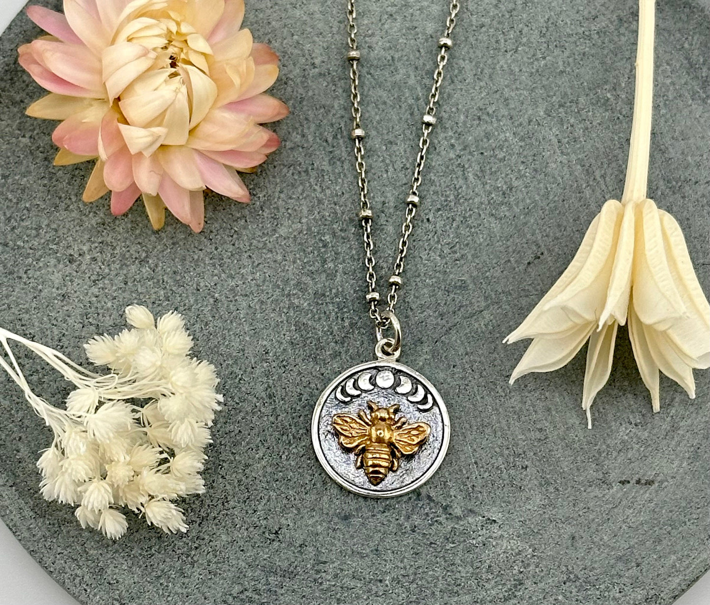 Sterling Bee Necklace | Two Tone Bee Necklace | Silver Bee Pendant | Sterling Bee Moon Necklace | Bee Medallion Necklace | Bee Moon Phases
