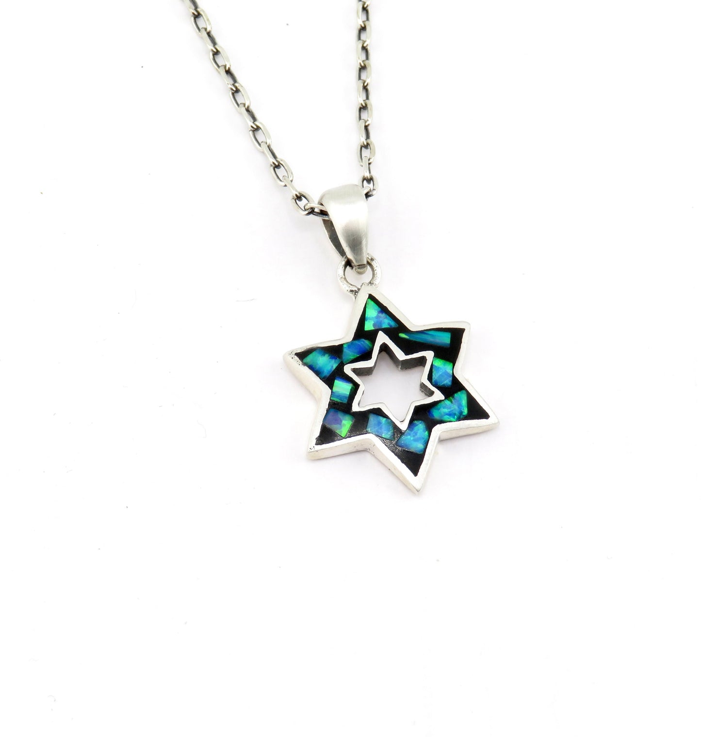 Jewish Star Necklace | Star of David Necklace | Sterling Opal Star Pendant | Judaic Necklace | Mosaic Opal Jewish Star Necklace