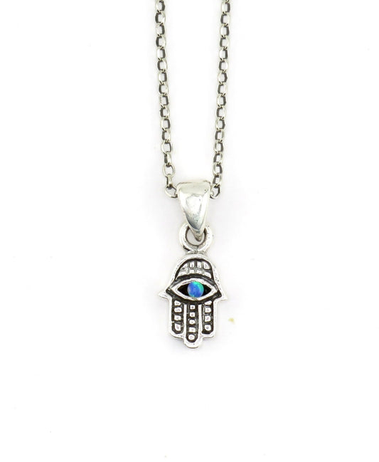 Sterling Hamsa Opal Necklace | Silver Hamsa Eye Pendant | Rustic Small Hand Necklace | Opal Silver Hamsa Pendant | Silver Evil Eye Necklace