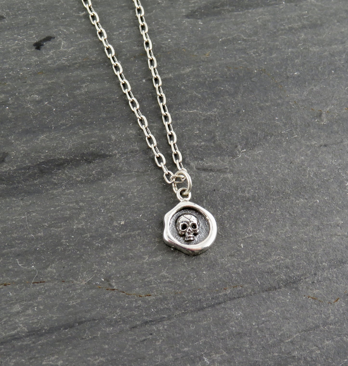 Sterling Skull Necklace | Silver Skull Pendant | Sterling Skull Medallion | Skull Imprint Pendant | Wax Seal Skull | Skull Coin Necklace