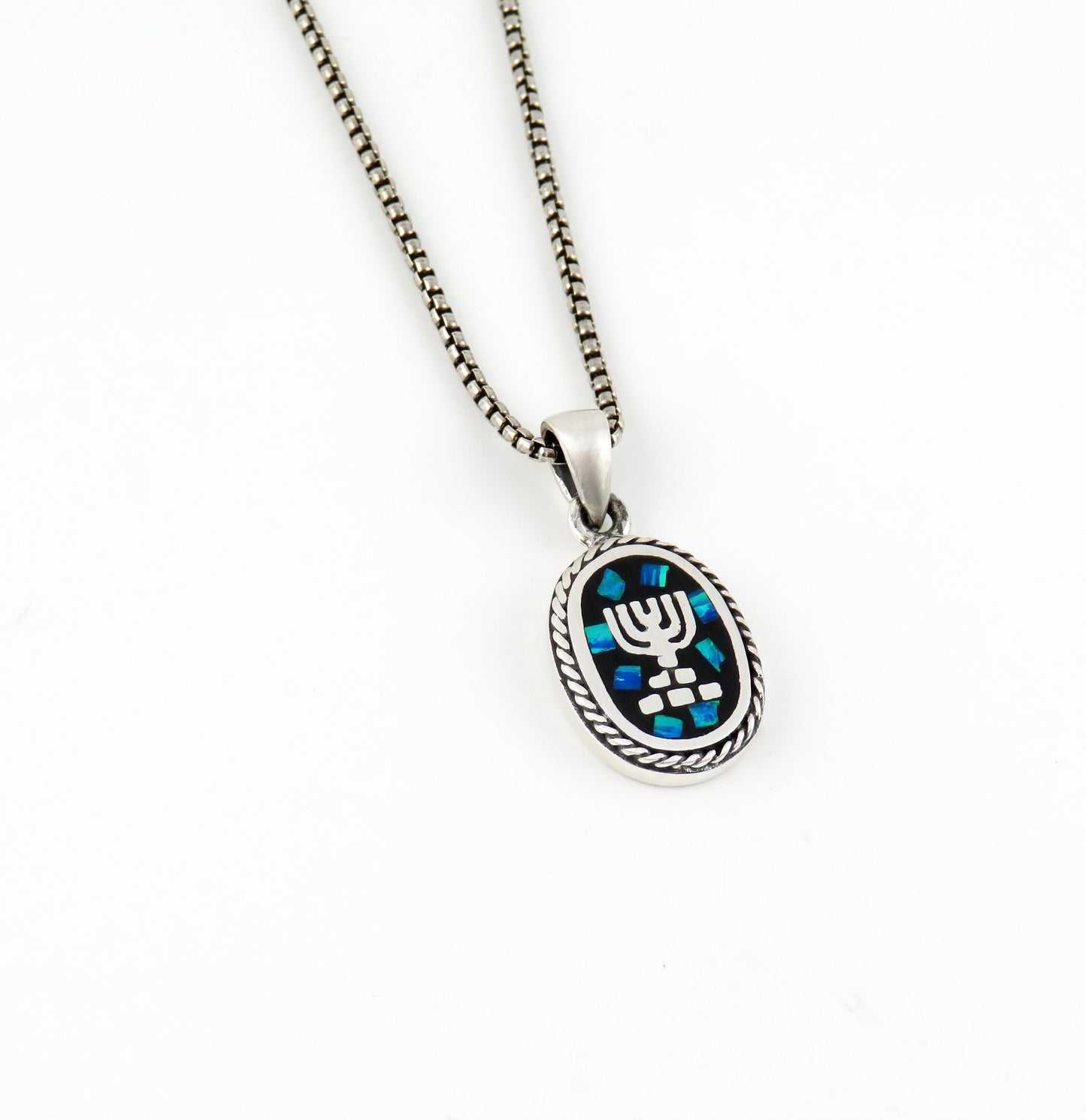 Sterling Opal Judaica Necklace | Silver Menorah Pendant | Mosaic Opal Jewish Necklace | Opal Silver Fancy Judaic Pendant | Menorah Necklace